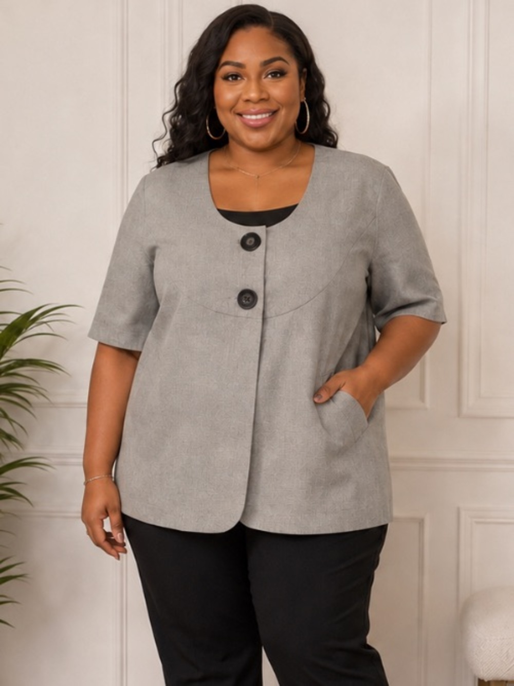 Studio 1940 Gray Short-Sleeve Blazer with Front Buttons